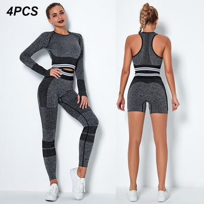 Women's 4-Piece Seamless Yoga Set – Sports Bra, Crop Top, Shorts & High Waist Leggings