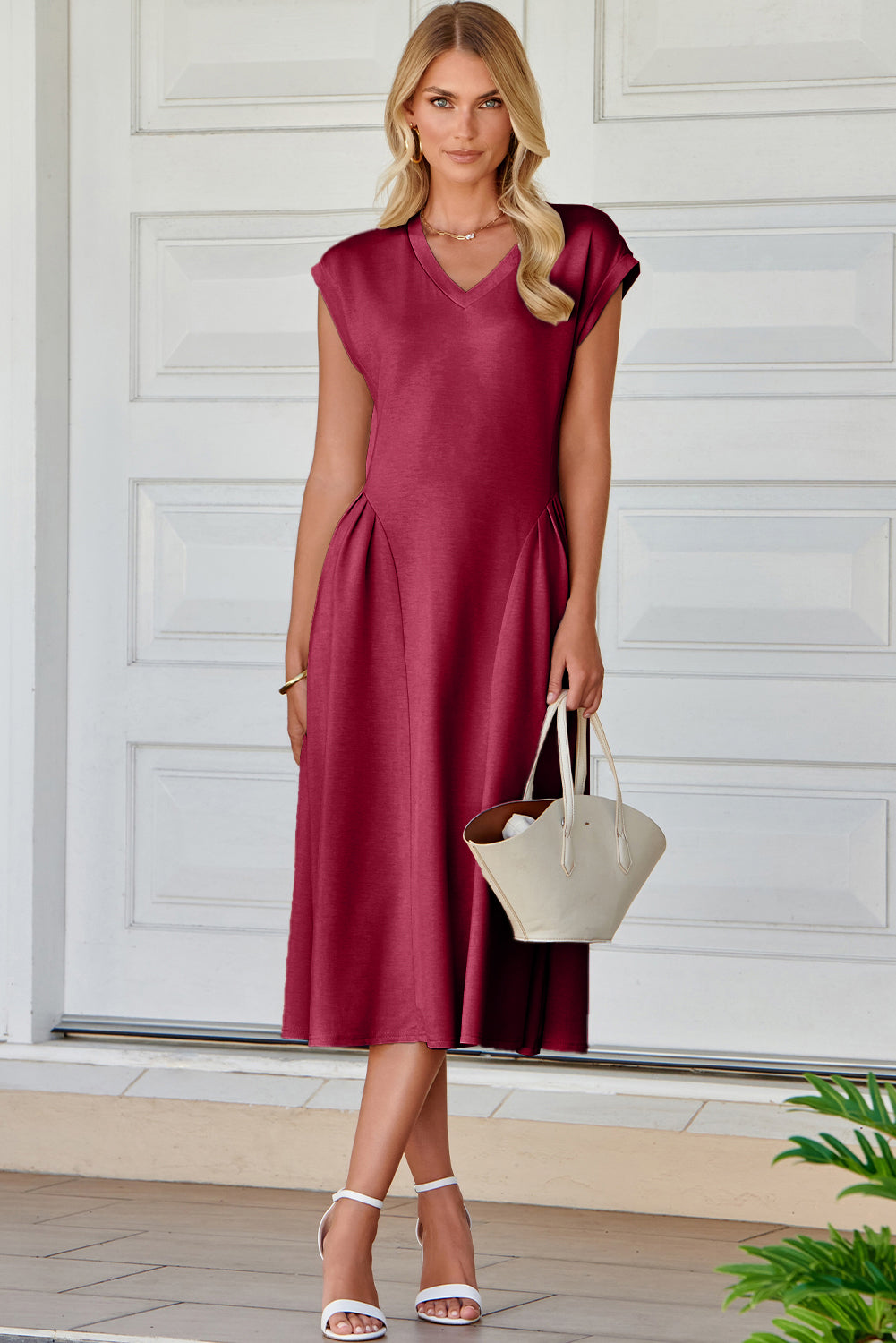 The 'Crimson-Elegance' Pleated V-Neck Midi Dress