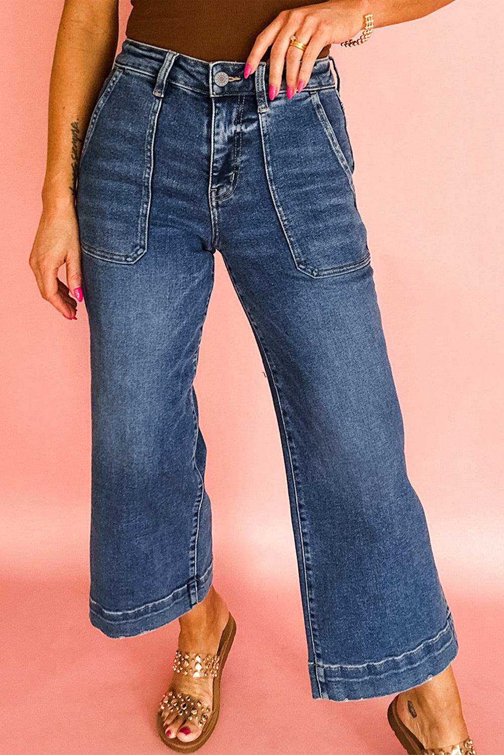 Sky Blue Cropped High Rise Wide Leg Jeans