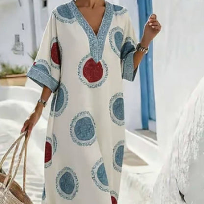The 'Santorini-Breeze' Geometric V-Neck Kaftan Dress