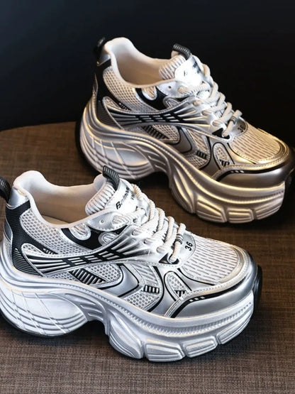 Silver lace-up platform sneakers with round toe

