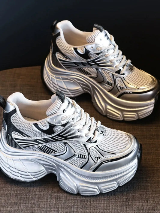 Silver lace-up platform sneakers with round toe

