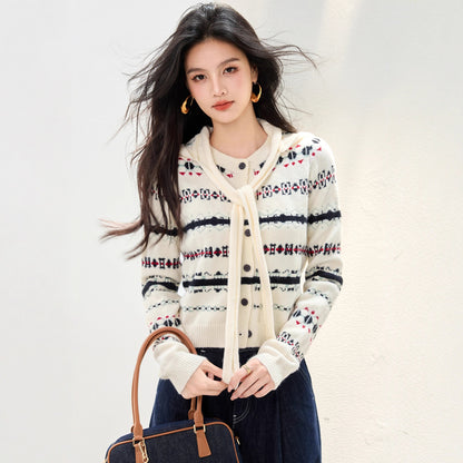 Vintage Stripe Jacquard Long Sleeve Knitwear Crew Neck Single Breasted Stripe Cardigan Top