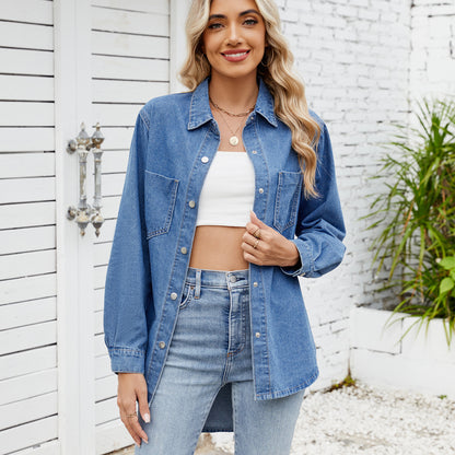 Front view of oversized women’s denim shirt

