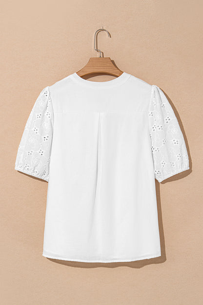 The 'Boho-Breeze' Embroidered Crochet Button-Down Blouse