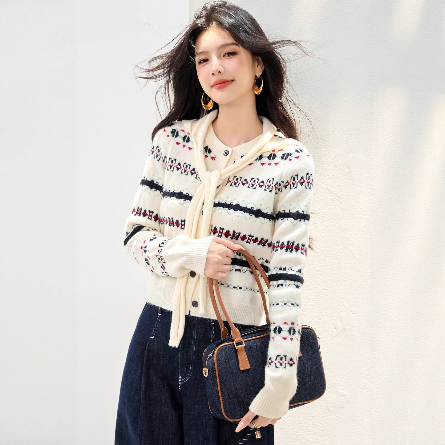 Vintage Stripe Jacquard Long Sleeve Knitwear Crew Neck Single Breasted Stripe Cardigan Top