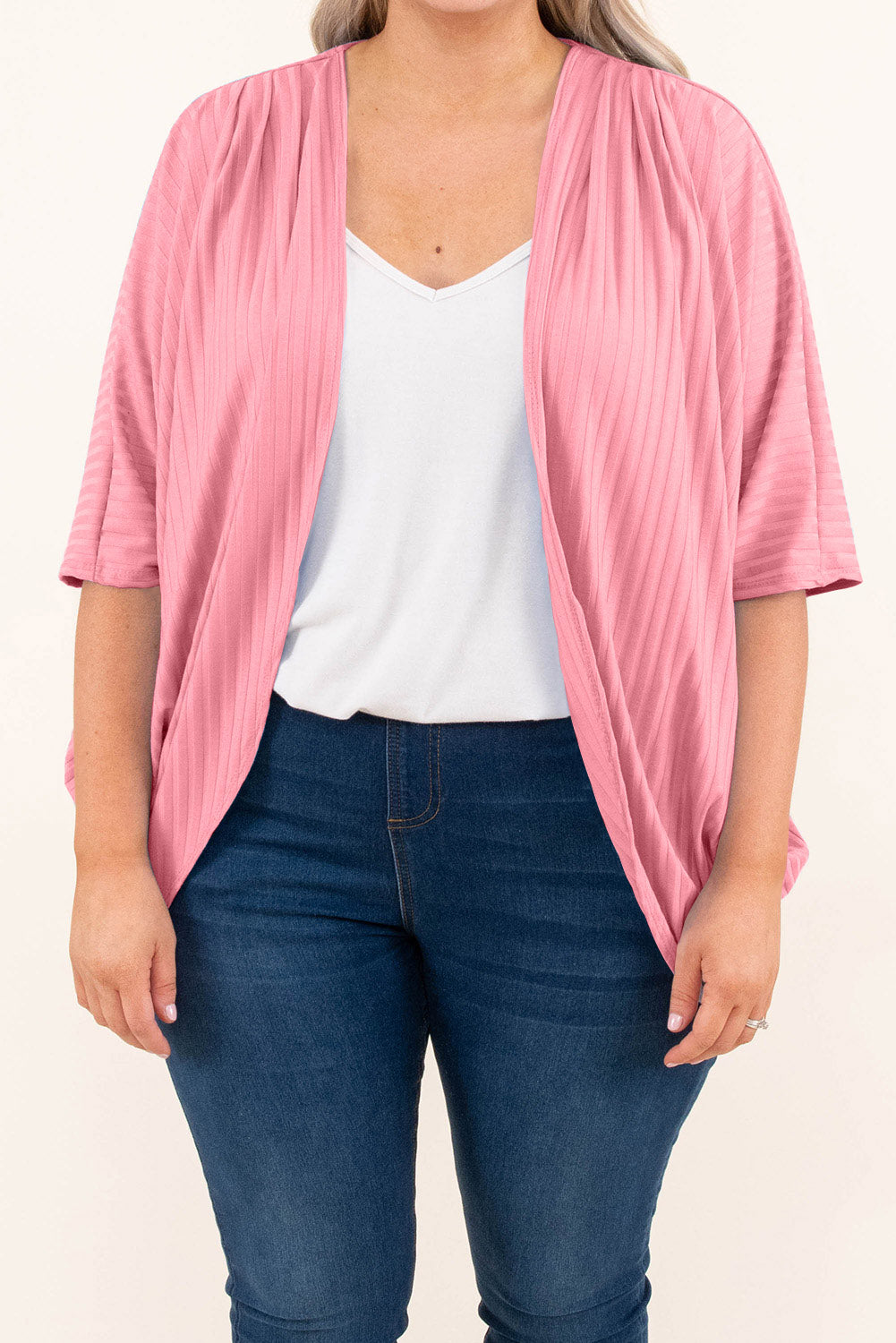 The 'Radiant-Rose' Shimmer Ribbed Curve Cardigan
