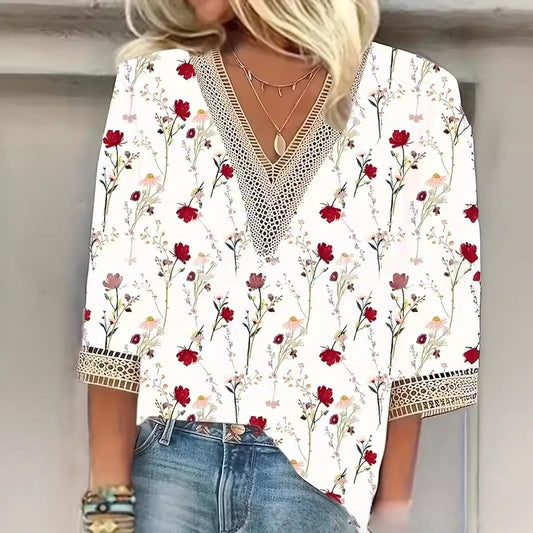 V-neck patchwork lace short sleeved top for casual women's wear