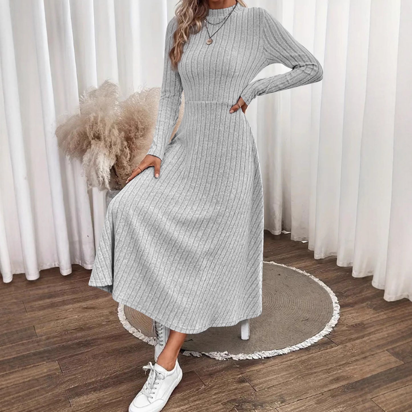 Solid color round neck jumpsuit long skirt