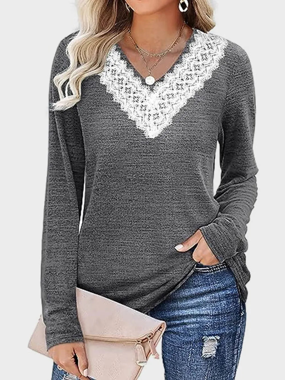 Solid color V-neck loose casual long sleeved T-shirt top for women's wear