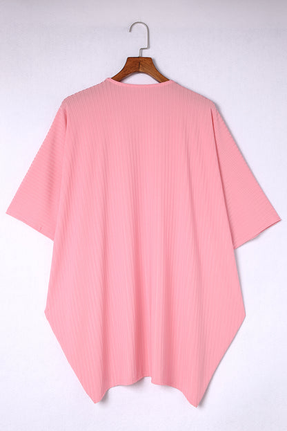 The 'Radiant-Rose' Shimmer Ribbed Curve Cardigan