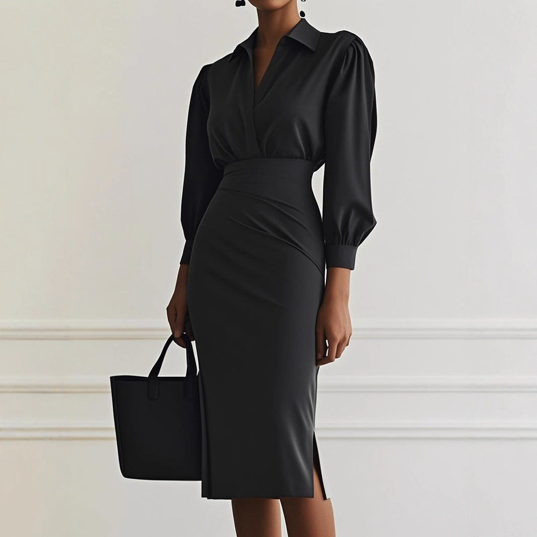 The 'Sculpted-Flow' V-Neck Pleated Midi Dress