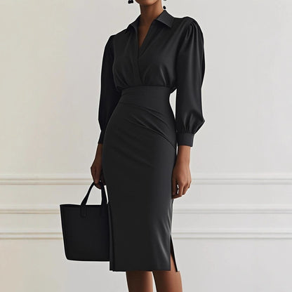 The 'Sculpted-Flow' V-Neck Pleated Midi Dress