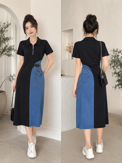 Women's Color Block Denim Patchwork Belted Midi Dress