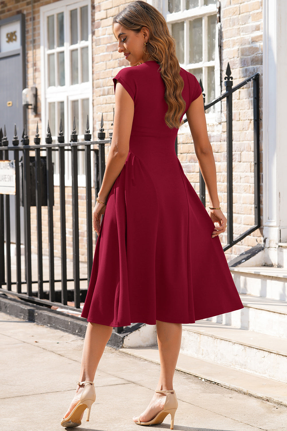 The 'Crimson-Elegance' Pleated V-Neck Midi Dress