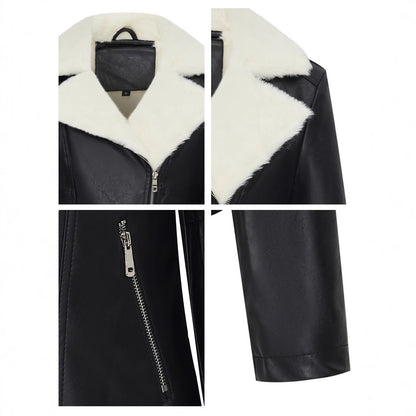 Women's Faux Fur Lined Black Leather Moto Jacket for Winter