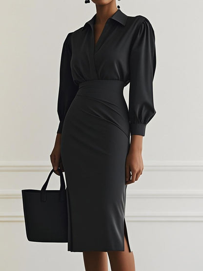 The 'Sculpted-Flow' V-Neck Pleated Midi Dress