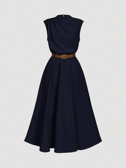 The 'Timeless-Elegance' Draped High-Neck A-Line Dress