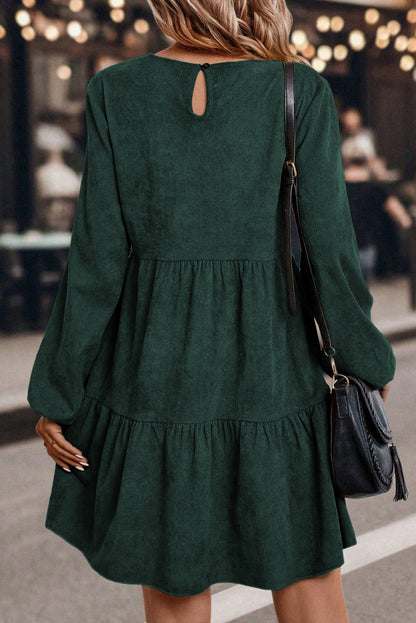 The 'Willow' Dark Brown Lantern Sleeve Tiered Mini Dress