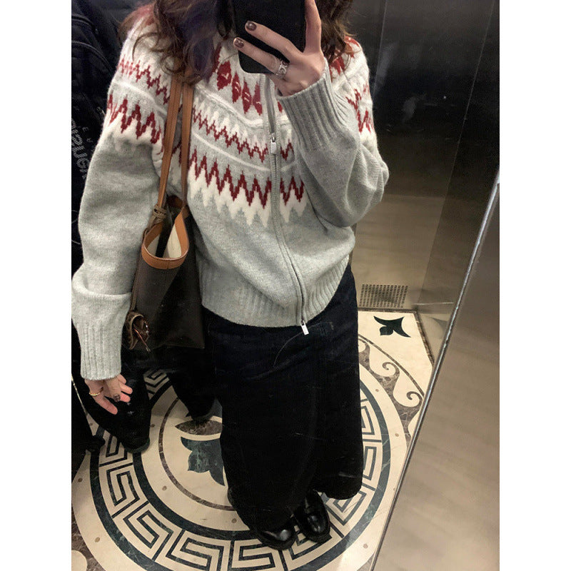 Pattern Knit Cardigan for Women, Thick Loose Casual  Double Zipper Sweater Top