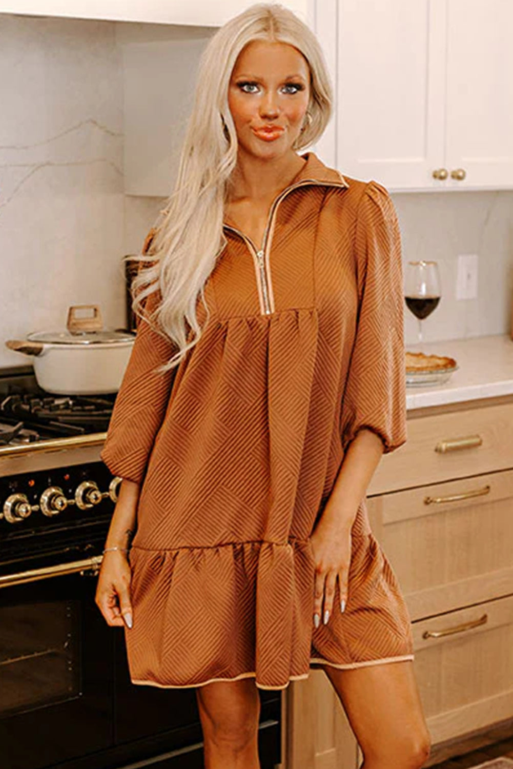 Jungle Green  Quarter Zip Collar Bracelet Sleeve Textured Mini Dress