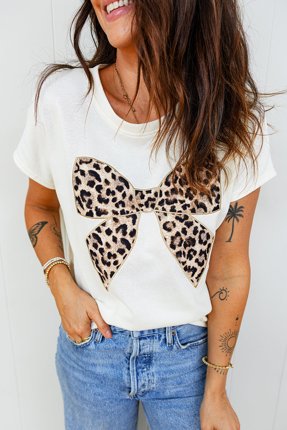 The 'Bella' Leopard Bow Embroidered Cotton Tee