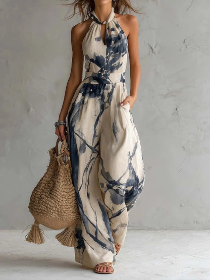 Women's Halter Backless Tie-Dye Jumpsuit – Wide Leg Beach Pants