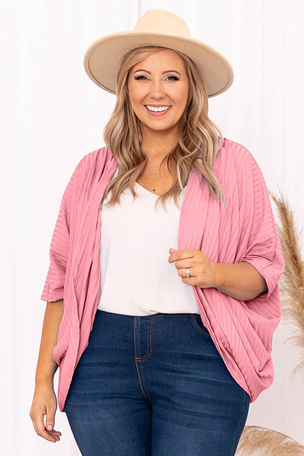 The 'Radiant-Rose' Shimmer Ribbed Curve Cardigan