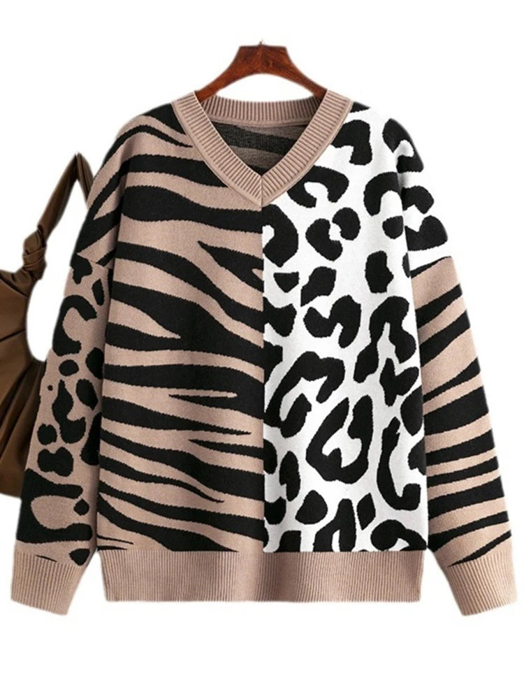 Autumn/Winter New Sweater For Women Leopard Color Block V-neck Long Sleeve Loose Knitted Pullover Top Female