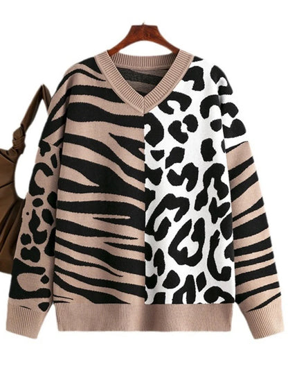 Autumn/Winter New Sweater For Women Leopard Color Block V-neck Long Sleeve Loose Knitted Pullover Top Female