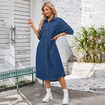European and American women's denim dress, short sleeved long skirt