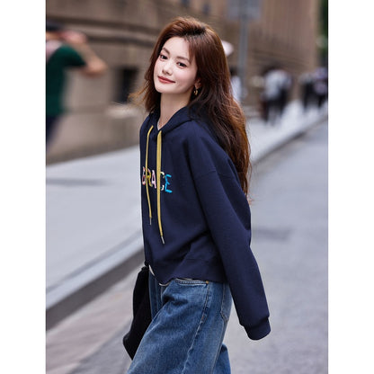 Casual Loose Hooded Letter Embroidery Pullover Long Sleeve Sweatshirt