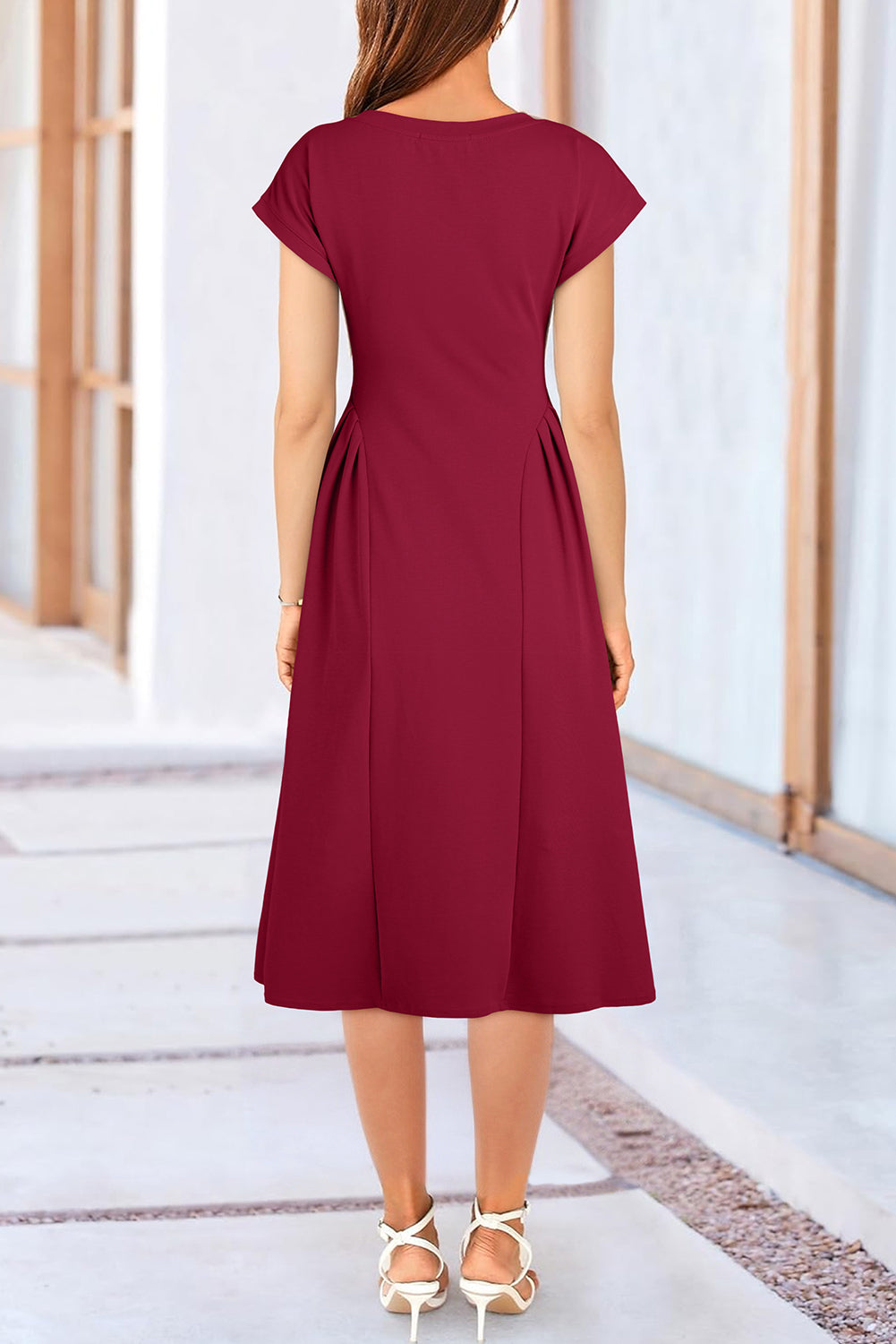 The 'Crimson-Elegance' Pleated V-Neck Midi Dress