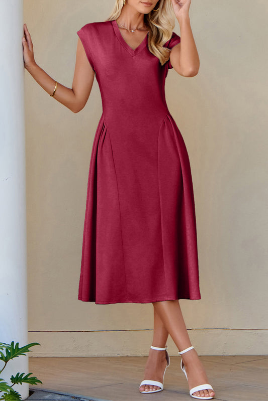 The 'Crimson-Elegance' Pleated V-Neck Midi Dress