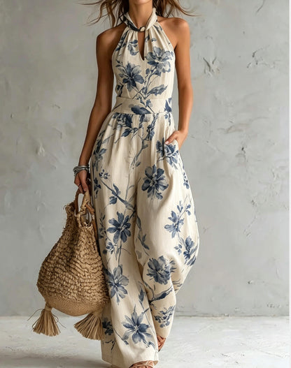 Women's Halter Backless Tie-Dye Jumpsuit – Wide Leg Beach Pants