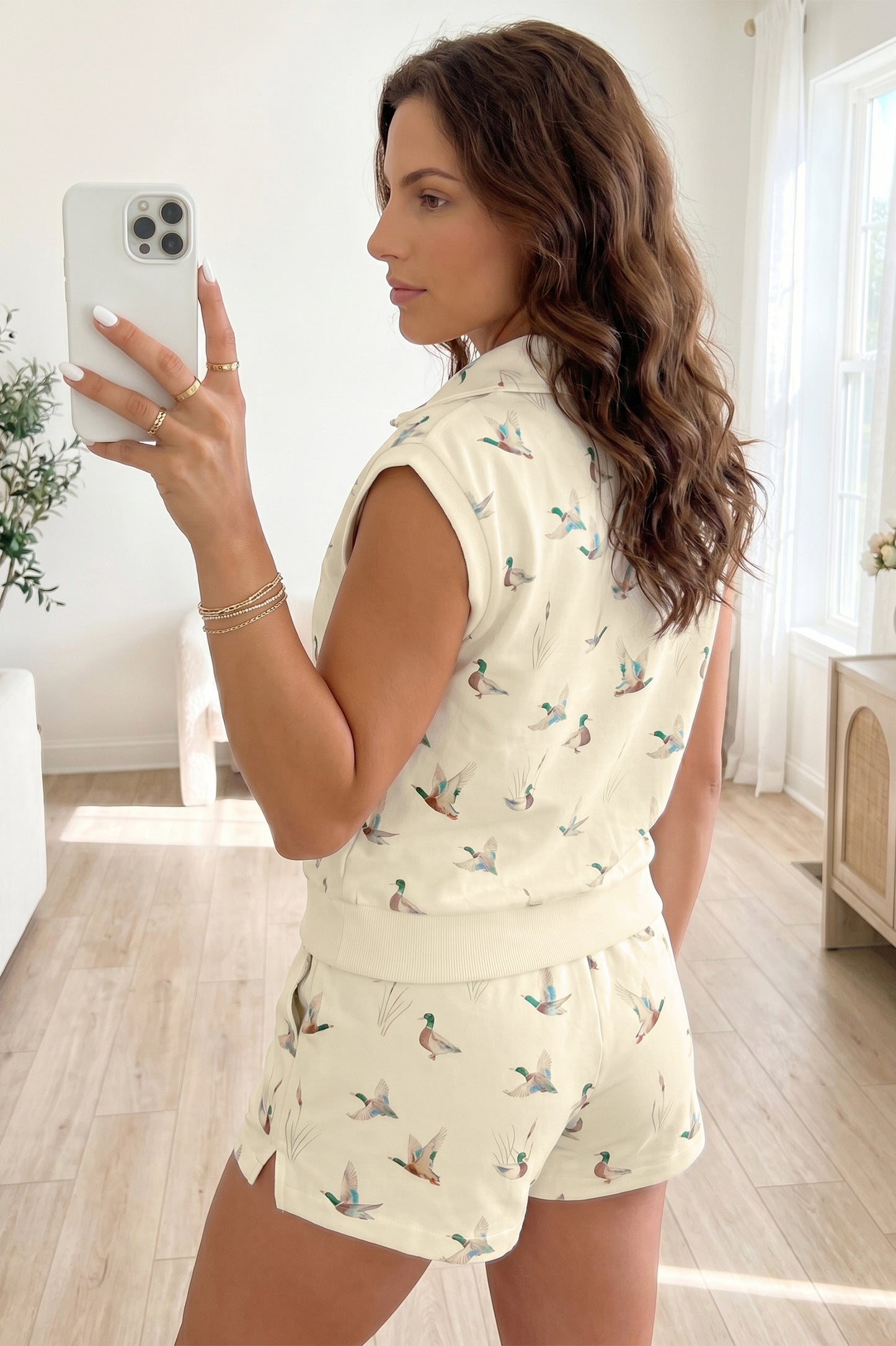 Women's Mallard Duck Print Zip Polo Top & Shorts Set – Casual Summer Co-ord