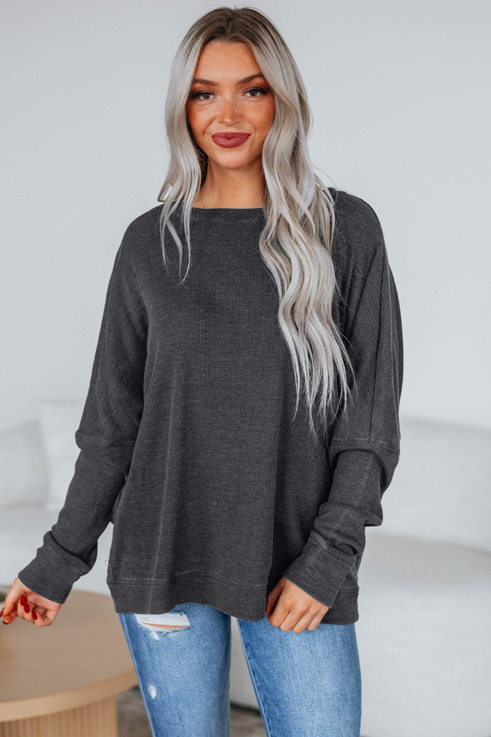Dark Grey Knit Plain Long Sleeve Loose Top