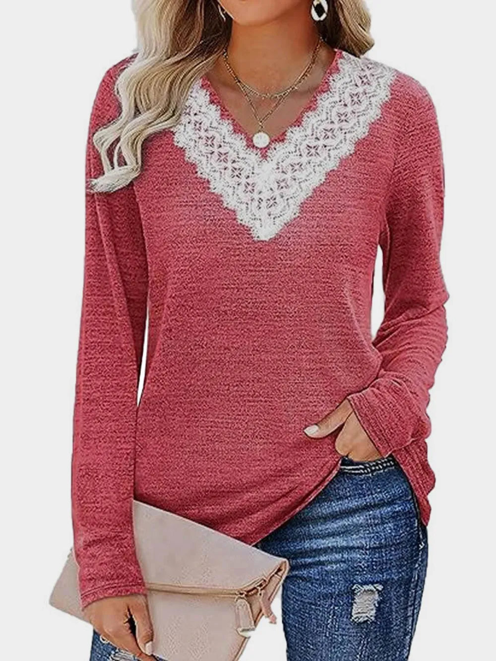 Solid color V-neck loose casual long sleeved T-shirt top for women's wear