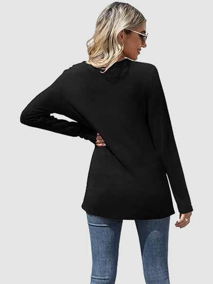 Solid color V-neck loose casual long sleeved T-shirt top for women's wear