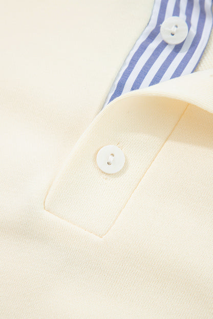 White Striped Ruffle Button Neck Pullover Sweatshirt