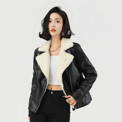Women's Faux Fur Lined Black Leather Moto Jacket for Winter