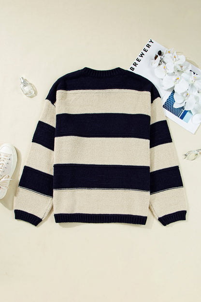 Blue Striped Plus Size Drop Shoulder Sweater