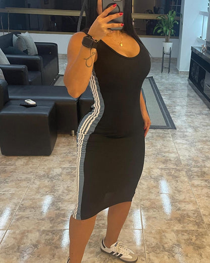Hot Selling New Style Sportswear Women's Sleeveless Large U-Neck Striped Color Block Fitted Dress