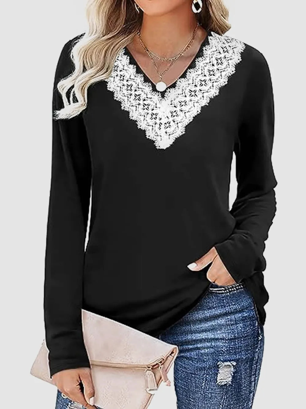 Solid color V-neck loose casual long sleeved T-shirt top for women's wear