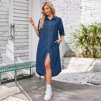 European and American women's denim dress, short sleeved long skirt