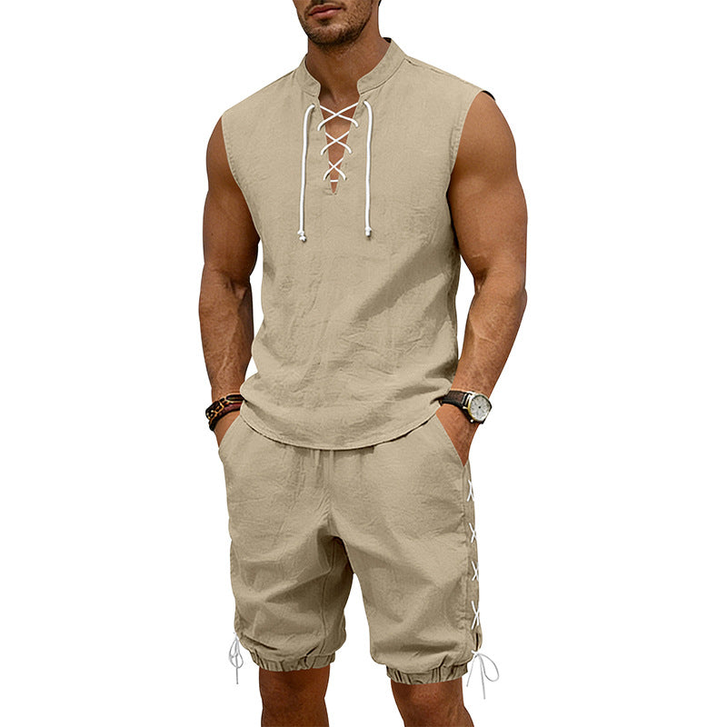American-style Vintage Linen Sleeveless Vest And Ankle-cuff Shorts