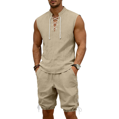 American-style Vintage Linen Sleeveless Vest And Ankle-cuff Shorts