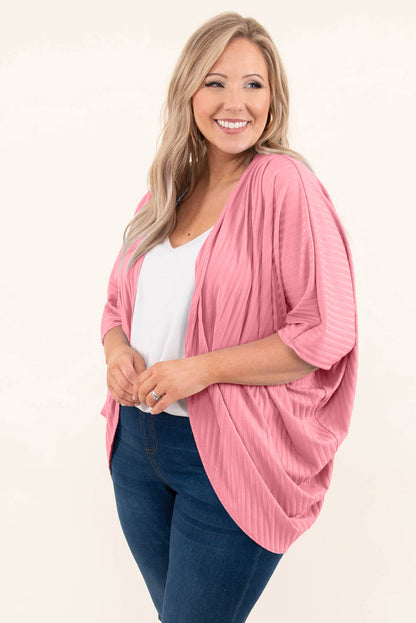 The 'Radiant-Rose' Shimmer Ribbed Curve Cardigan