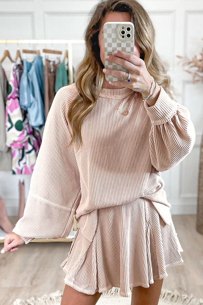 Mist Green Corded Bishop Sleeve Pullover and Ruffle Mini Skirt Set