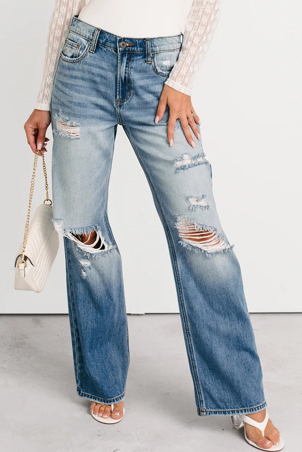 The 'Myosotis' Distressed Mid-Rise Straight Jeans